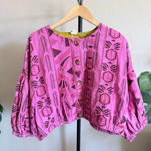 Ivy Jane Pink Embroidered Balloon Sleeve Button Front Cropped Top Womens ML - Picture 1 of 7